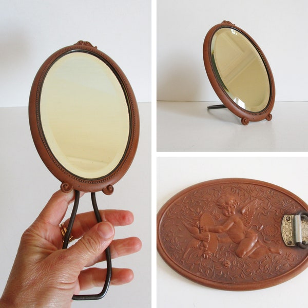 Miroir à main ancien en bakélite des années 1930, décor d'ange vintage, miroir de salle de bain rasage, Miroir à main ancien, salle de bain