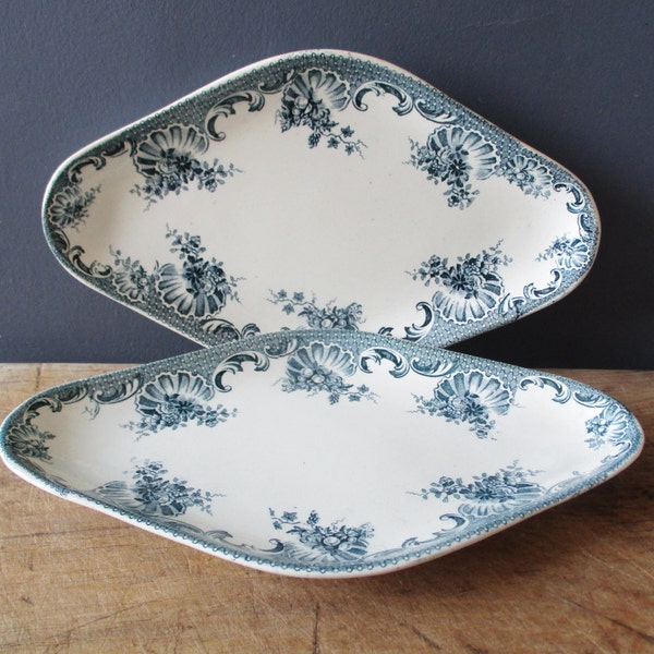 2 antique french little dishes, Vintage dish, France, 1920, Blue transferware, Home decor, Kitchen, Raviers, Plats