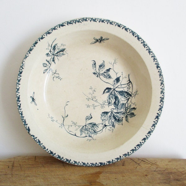 Antique french big dish, Vintage bowl, Vigne Vierge GIEN, Blue Transferware, France 1910