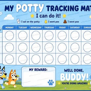 Peut inclure: Un tapis de suivi de propreté bleu clair avec des chiens de dessin animé, une grille hebdomadaire avec des espaces circulaires et du texte incluant MY POTTY TRACKING MAT, I can do it!, I sat on the potty, I went pee, I went poo, MY REWARD, WELL DONE, BUDDY!