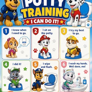 May include: A Paw Patrol potty training chart featuring Chase and Marshall at the top. The poster includes six numbered steps with illustrations of various characters, text instructions, and encouraging phrases like I Can Do It and You've Got This.
