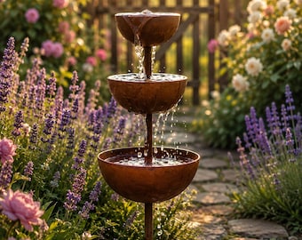 Tiered Rust Patina Garden Stake | Metal Rain Catcher Water Bowl for Pollinators