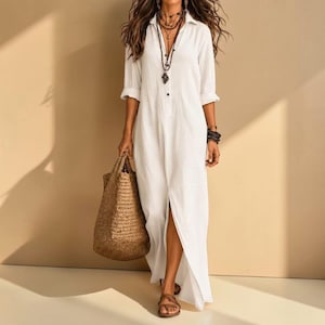 long sleeve button up maxi dress Womens Button Down Maxi Shirt Dress Loose Fit Boho Cotton Linen Long Shirt Dress Casual Lapel Collar Long Sleeve Maxi Dresses Spring Fall V Neck Flowy Baggy Blouse Dress with Pockets S A