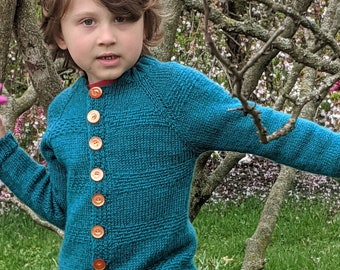 PATTERN 'Prismarine Brick Cardigan' Knit Raglan Sweater  size 8-14 chest DK Kids Boy Girl Unisex