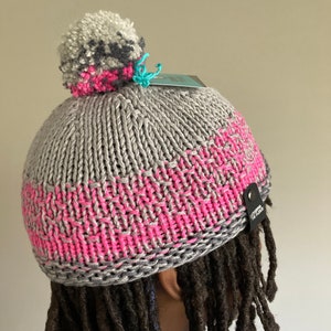 Hand Knit Medium Child or Teen Hat Beanie Skull Cap Cotton Merino Gray Pink Gift