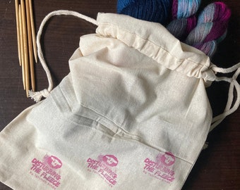 Hand stamped Project bag Dust cover cotton muslin drawstring