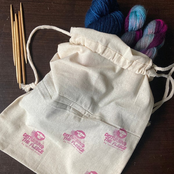 Hand stamped Project bag Dust cover cotton muslin drawstring