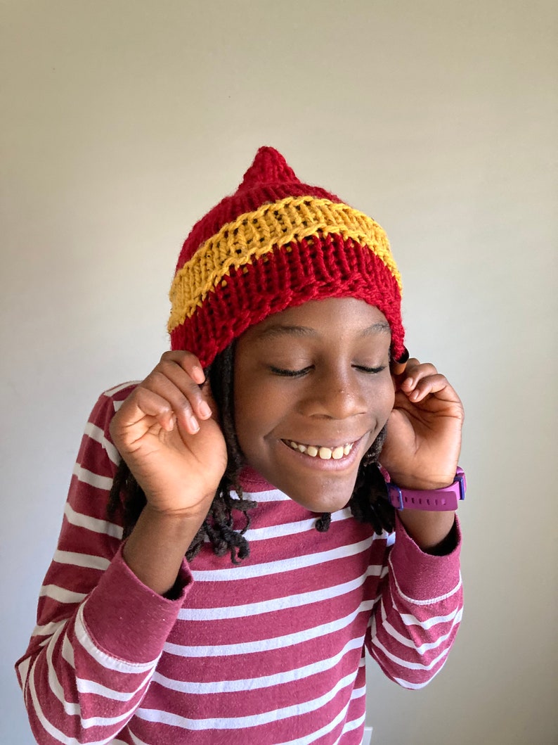 Hand Knit Beanie hat Acrylic Wool Burgundy Gold Boy Girl Unisex Gift Machine Wash and Dry image 1