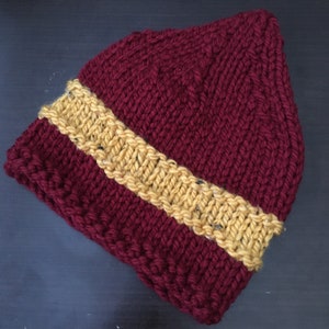 Hand Knit Beanie hat Acrylic Wool Burgundy Gold Boy Girl Unisex Gift Machine Wash and Dry image 4