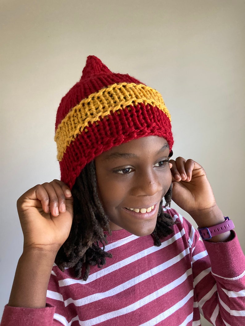 Hand Knit Beanie hat Acrylic Wool Burgundy Gold Boy Girl Unisex Gift Machine Wash and Dry image 3