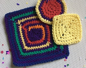 Three Hand Crocheted Washcloths Facial Pads 100% Cotton Pride Colors Sustainable Reusable Skincare Beauty Small Gift