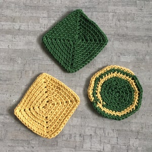 Three Hand Crocheted Washcloths Facial Pads 100% Cotton Green Yellow Sustainable Reusable Skincare Beauty Small Gift Stocking Stuffer
