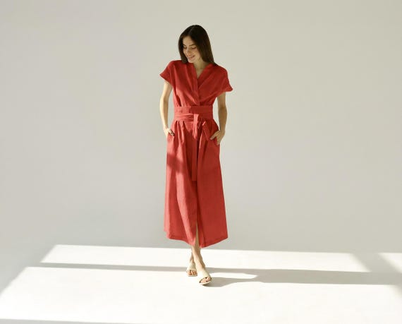 Obi belted kimono wrap linen dress with pockets, Japanese style natural wedding guest flax wide sleeves frock, summer women's robe clothing