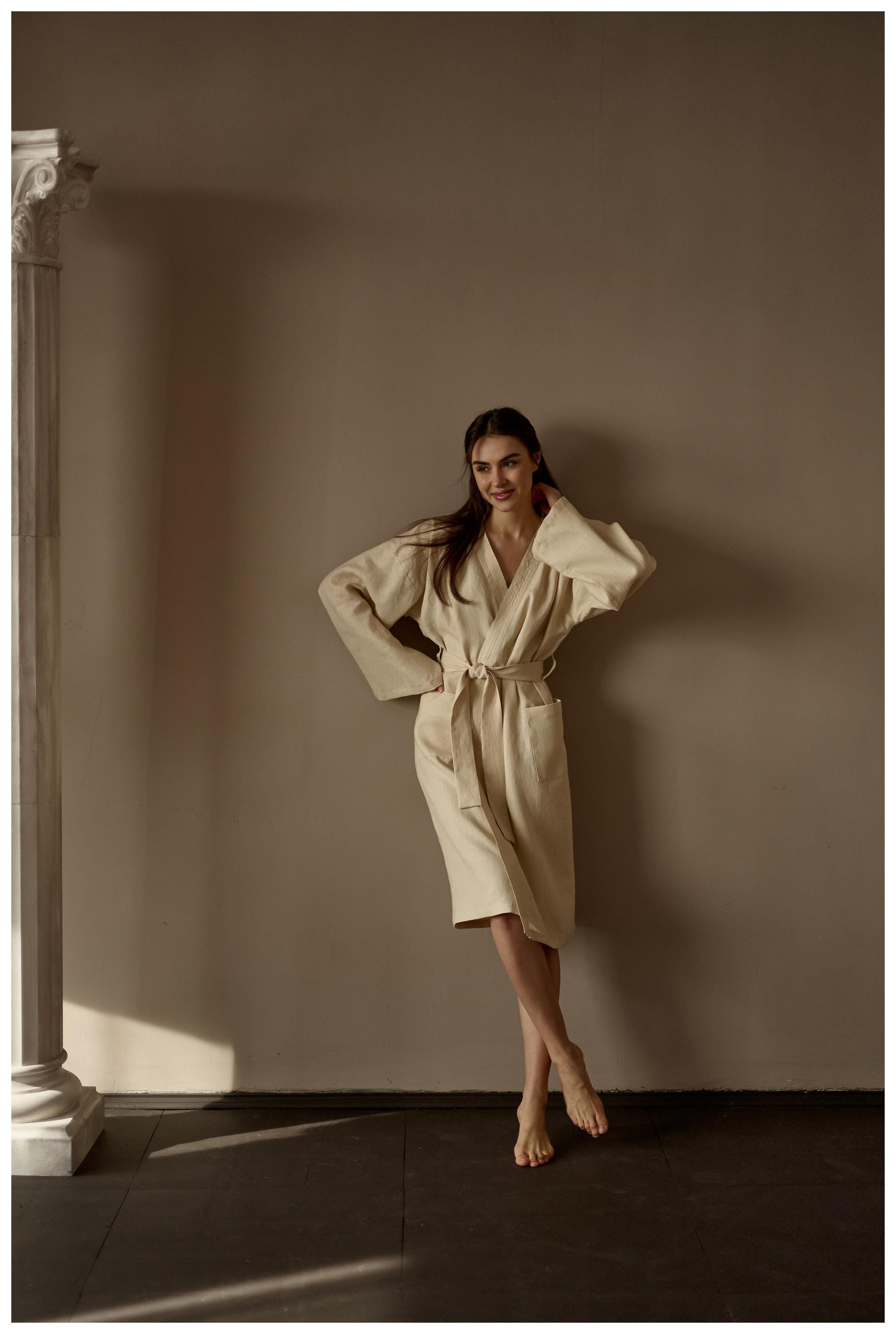 Japanese kimono longsleeve wrap dress with pockets and belt, minimalist casual slow fashion homa and office robe, women's clothing