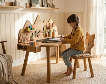 Mesa de estudio infantil de madera hecha a mano y silla con forma de zorro / Escritorio de aprendizaje Montessori