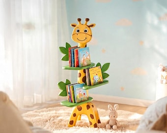 Träbokhylla med giraffer för barn | Bokhylla för djur i Montessori-barnrummet