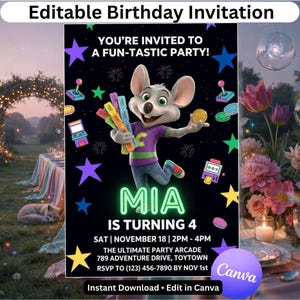 Puede incluir: Una invitación de cumpleaños editable con un personaje de ratón de dibujos animados que sostiene boletos de arcade y una moneda de oro sobre un fondo negro con estrellas coloridas, iconos de arcade y el texto Mia cumple 4 el 18 de noviembre.