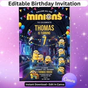 May include: An editable birthday invitation featuring Minions characters in a laboratory setting with colourful balloons and bunting. The text reads: Calling all the Minions to celebrate Thomas is turning 7, Saturday 21st September, Thomas House, 78 Garden View Lane, Lakeside 402 789, RSVP 123-456-7980.