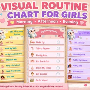 Pode incluir: Um gráfico de rotina visual para meninas com três seções para manhã, tarde e noite. Cada seção inclui uma lista de atividades com ícones, caixas de seleção e uma coruja. O texto diz Visual Routine Chart For Girls.