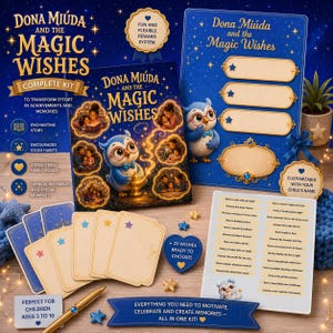 May include: A complete kit titled Dona Miúda and the Magic Wishes, featuring a storybook, a reward board with blank spaces, a list of 20 wish options, a gold-toned pen, and star-shaped tokens, all decorated with an owl character and starry night theme.