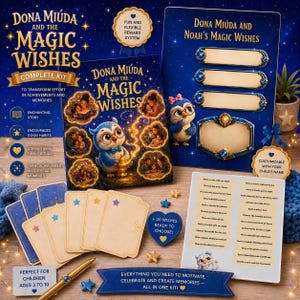 Könnte beinhalten: Ein Komplettset mit dem Titel Dona Miúda and the Magic Wishes, bestehend aus einem Bilderbuch, einer blauen Anzeigetafel mit vier leeren Rahmen, einem Bogen mit Aktivitätsaufklebern, einer herzförmigen Schachtel, einem Goldstift und Sternkarten.