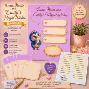 Könnte beinhalten: Ein violettes Set mit dem Titel Dona Miúda and Emily's Magic Wishes, bestehend aus einer Tafel mit drei leeren rechteckigen Etiketten und einem verzierten Rahmen, einer Eulenfigur, Aktivitätskarten, einem herzförmigen Token und einem Goldstift.