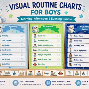 Pode incluir: Três quadros de rotina visual para meninos com uma mascote de coruja. Os quadros estão rotulados como My Morning Routine, My Afternoon Routine e My Evening Routine, com listas de tarefas e caixas de seleção circulares. Inclui cartões.