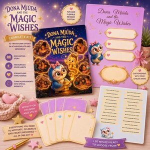 May include: A complete kit titled Dona Miúda and the Magic Wishes featuring a storybook with a blue owl character, a purple reward chart with blank spaces, a list of twenty activity cards, a gold pen, and several small pink heart and star accents.