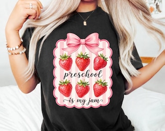 Preschool Is My Jam Bow Strawberry PNG: First Day of School png Cute Back to School Design (Digital Download)