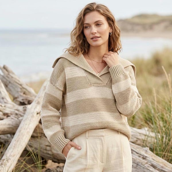 Nautical Striped Sailor Collar Crochet Sweater Pattern | V-Neck Pullover | Sizes XS-XL(Digital Download)