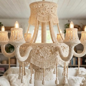 May include: A cream-colored chandelier featuring intricate crochet work covering the frame and individual light shades. The fixture includes hanging fringe, decorative wooden beads, and floral crochet motifs, with six lit candle-style bulbs.