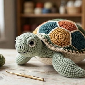 Op de afbeelding: Een gehaakt schildpadspeeltje met een lichtgroene kop en ledematen, voorzien van een veelkleurig schild bestaande uit zeshoekige patronen in tinten blauwgroen, mosterdgeel en oranje. De schildpad heeft grote zwarte ogen en een crèmekleurige buik.