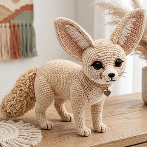 May include: A crocheted fennec fox figurine in a light beige yarn with large, pointed ears featuring white inner details, dark plastic eyes, a black nose, and a bushy, textured tail. A small silver heart-shaped charm hangs from a collar around its neck.