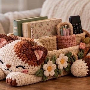 Könnte beinhalten: Ein gehäkelter Aufbewahrungskorb in Katzenform in den Farben Creme, Braun und Rosa. Der Korb ist mit weißen und gelben Blumen sowie grünen Blättern verziert. Er enthält Bücher, einen kleinen rosa Korb mit Stiften und eine schwarze Fernbedienung.
