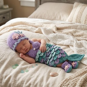 May include: A crochet mermaid outfit consisting of a purple hat with a shell and starfish accent, a purple and teal scale-patterned tail garment with a pearl detail, and matching teal and purple booties with small starfish embellishments.
