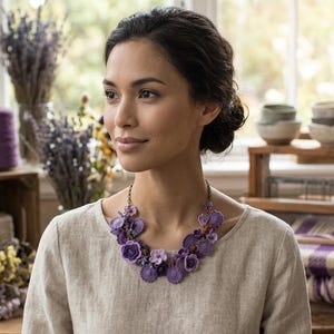 Può includere: Una collana caratterizzata da un gruppo di fiori all'uncinetto in varie tonalità di viola e lavanda, fissata a una sottile catena metallica. La composizione floreale è densa e stratificata, creando un accessorio strutturato di ispirazione botanica.