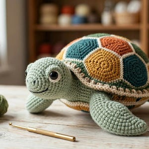 Può includere: Un peluche a forma di tartaruga realizzato all'uncinetto con testa e arti verde chiaro, caratterizzato da un guscio multicolore composto da toppe esagonali nei toni del verde ottanio, giallo senape e crema. Ha grandi occhi neri e un sorriso.