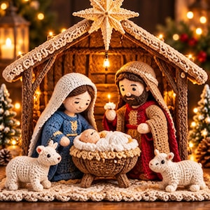 May include: A crochet nativity scene featuring figures of Mary in a blue robe, Joseph in a brown robe with a red tunic, and a baby in a manger. The set includes two white lambs and a large star atop a brown stable structure with textured details.