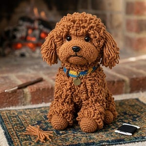 Virkmönster för toypudel, amigurumi för lockig valp i PDF-format, handledning för öglestygn för mellannivå