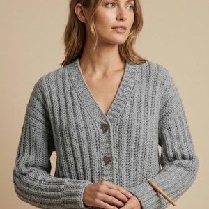 Ribbed V-Neck Button-Up Crochet Cardigan Pattern | Beginner Sweater PDF | Sizes XS-XL (Digital Download)