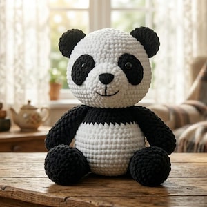 May include: A handmade crochet panda plush toy featuring a white head and torso with black ears, eye patches, arms, and legs. The panda has black plastic safety eyes and a stitched black nose and mouth, crafted from thick, textured yarn.