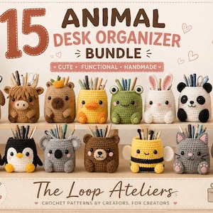 15 padrões de organizadores de mesa de crochê com tema de animais | Pacote de porta-canetas de amigurumi (download em PDF)