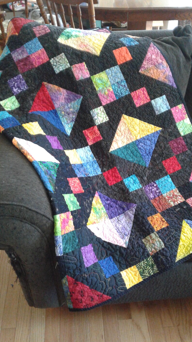 Colorful Rainbow Couch Quilt, Batik Throw, Comfy Blanket, Unique Modern Gift, Men's Quilt