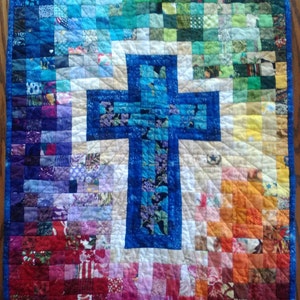 Quilt Pattern, Watercolor Rainbow Religious Cross, Christian faith quilter, Unique gift for Bible Study friend, Make Wall Hanging Banner