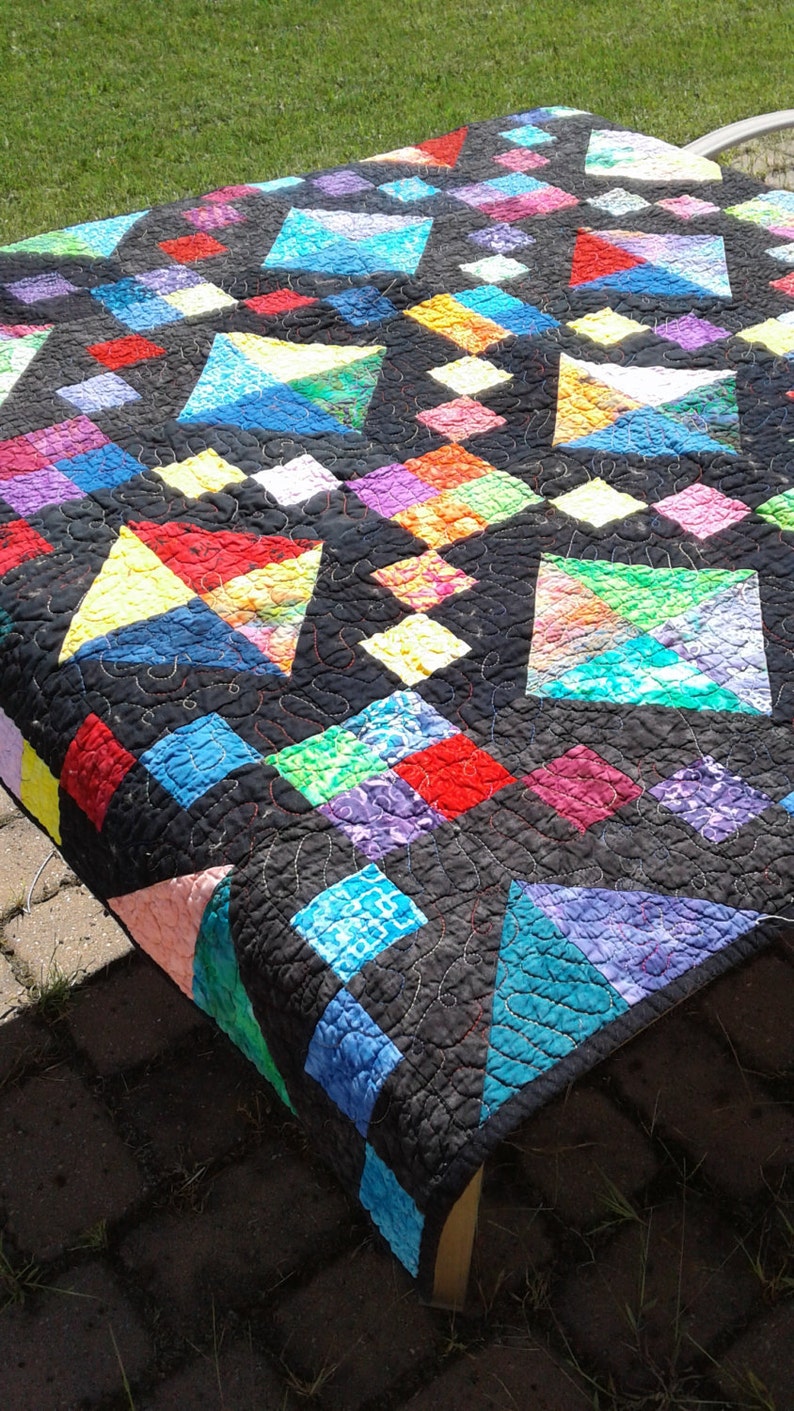 Colorful Rainbow Couch Quilt, Batik Throw, Comfy Blanket, Unique Modern Gift, Men's Quilt