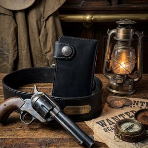 May include: A black leather wallet with a silver-toned circular snap closure featuring an embossed design. The wallet is positioned inside a black leather belt with a brass-colored metal plate engraved with the text GUNSLINGER'S POUCH.