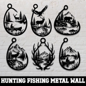 Hunting Fishing Metal Wall Art SVG Bundle, Deer Bear Eagle Fish Hook Svg, Wildlife CNC Plasma Cut File, Laser Cut Dxf Png