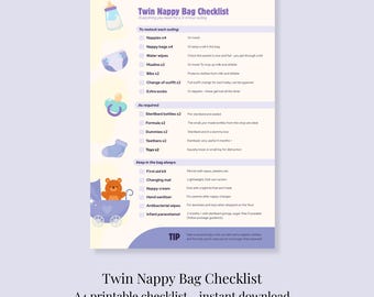 Lista imprimible para la bolsa de pañales de gemelos / Lista de artículos esenciales para bebés gemelos / Lista de empaque para la bolsa de pañales en PDF / Regalo para mamás de gemelos / Descarga instantánea