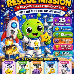 Może przedstawiać: Zestaw aktywności do druku Space Rescue Mission z zielonym kosmitą, rakietą i skrzynią skarbów. Grafika zawiera tekst wyszczególniający 35 stron do druku, 5 misji, 15 zadań, 5 wskazówek do zebrania oraz certyfikat dla uczestnika zabawy.