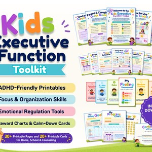May include: A Kids Executive Function Toolkit featuring printable pages and cards. The set includes ADHD-friendly printables, focus and organization skills, emotional regulation tools, reward charts, calm-down cards, and a certificate of progress.